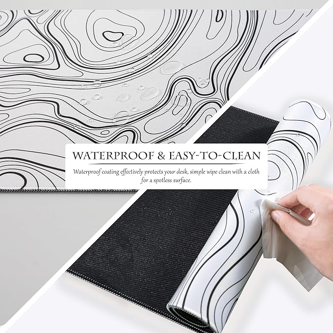 ALOANES Waterproof Mouse Pad with Durable Stitched Edge, XL Gaming Keyboard Pad, Non-Slip Rubber Base, Extended Desk pad for Gamer, Office & Home, White Topographic Map Mousepad 31.5"x 11.8"x 0.12"