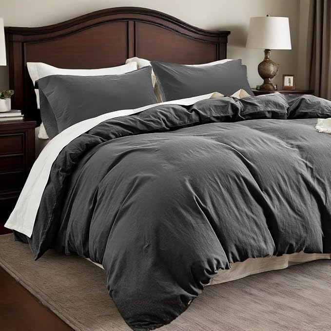 QKTE French Linen Duvet Cover Set, 3 PCS Natural French Flax Dark Grey Duvet Cover King Size, Breathable Soft Comfy Linen Bedding Comforter Cover with 2 Pillowcases(Dark Grey, 104" x 92")