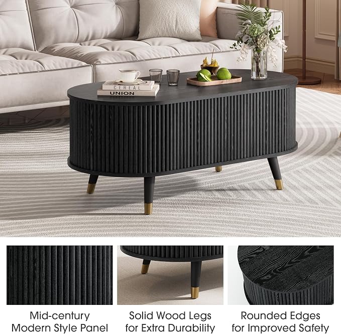 JOINICE 42.5" Oval Lift Top Coffee Table with Storage,Modern Black Center Table with Fluted Design, Solid Wood Legs & Hidden Compartment, Pop Up Coffee Table for Living Room
