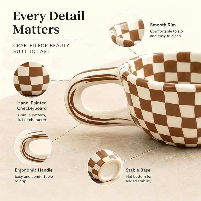 Ceramic Coffee Mug 5.7Oz Small Checkered Coffee Cups Alpine Pattern Hot Chocolate Cup Handmade Checkerboard Latte Mug Aesthetic Gift for Coffee Lovers Microwave Safe,Brown checkered