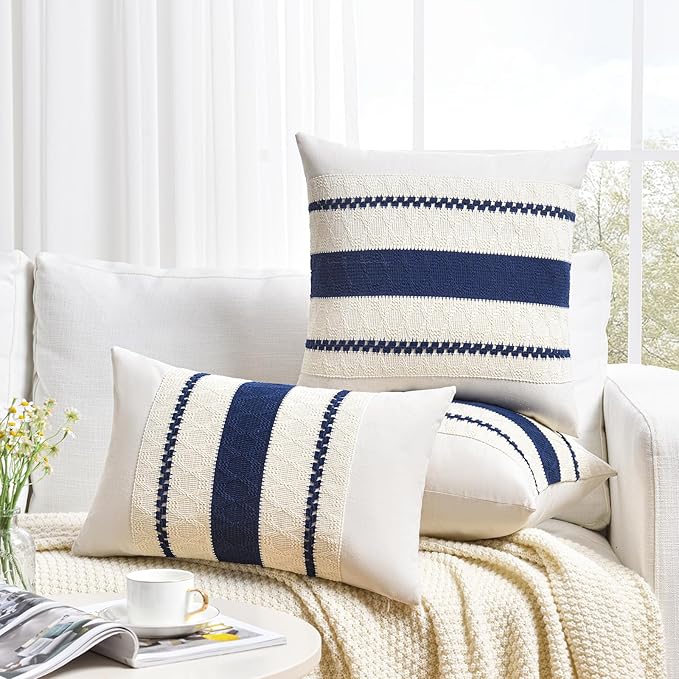 Fancy Homi Set of 2 Navy Blue Lumbar Decorative Throw Pillow Covers 16x24 Inch for Couch Bed Sofa Living Room, Aesthetic Modern Organic Farmhouse Home Decor, Soft Cotton Woven Textured Cushion Case