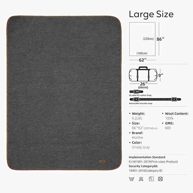 Molithe 100% Wool Blanket, 62" x 86", Warm, Thick, Washable, Military | Great for Camping, Outdoors, Sporting Events, Survival Kits Smoky Gray