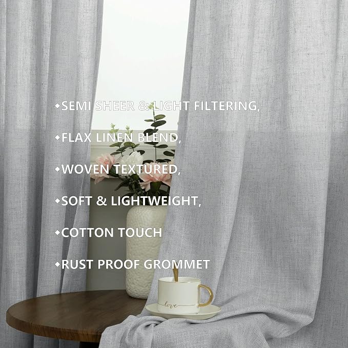Pitalk 2 Panel Set 63 Inch Curtains for Bedroom Grommet Flax Faux Linen Look Light Filtering Textured Semi Sheer Privacy Curtains for Living Room Dark 63L Long Dove Gray Grey