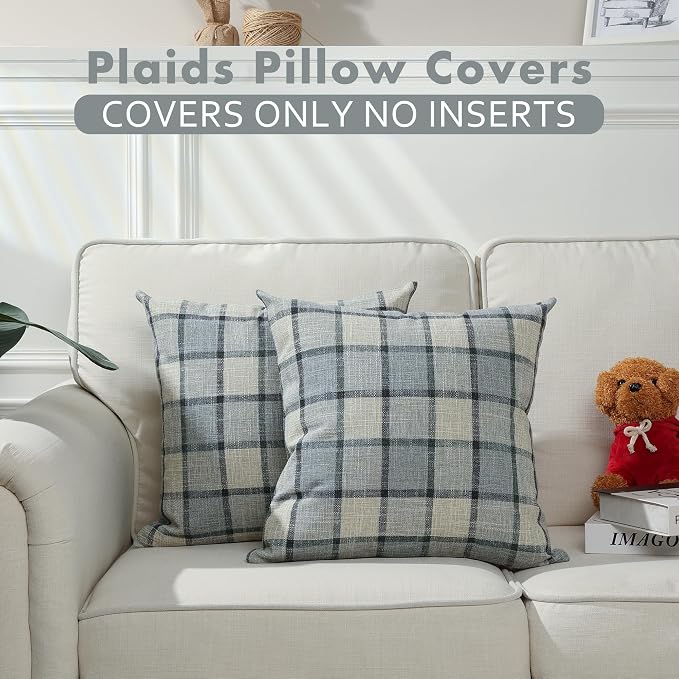 Stellhome Pack of 2 Faux Linen Buffalo Check Throw Pillow Covers, Farmhouse Plaid Decorative Cushion Covers for Couch Sofa Living Room, 22x22 Inch, Light Grey
