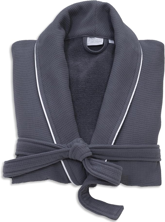 Luxury Turkish Cotton Bathrobe for Women & Men, Waffle Terry Shawl Collar Spa Robe with Satin Trim & Pockets