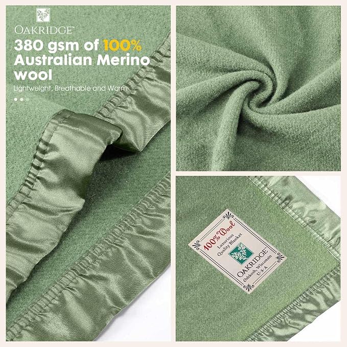 OakRidge Heirloom Merino Wool Blanket – 100% Australian Wool with Vintage Satin Edges – Breathable, Odor-Resistant, All-Season Bedding in Full Queen Size – Sage Cozy Throw for Home or Travel