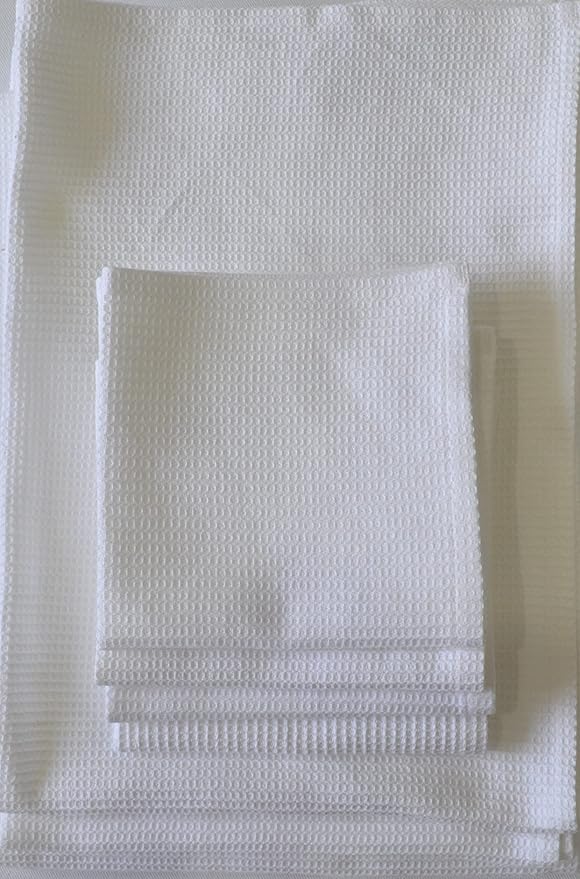 Bath Towel Set Waffle Organic Cotton GOTS Certified White Super ABSORBANT & Quick Dry NO SOFTENERS Environment Friendly 1xBATH 58x30.5, 2xHAND 29x20, 4xFACE 12x12 INCH