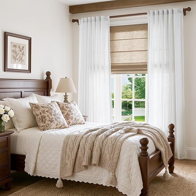 jinchan Linen Curtains for Living Room Bedroom Light Filtering Semi Sheer Curtains Boho Farmhouse French Country Cottage Core Decor Window Drapes Back Tab 84 Inch Length Laced Off White