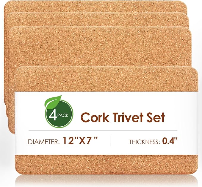 Cork Trivets for Hot Dishes Rectangle, 12" x 7" High-Density Thick Cork Trivets for Hot Pots and Pans, Heat Resistant Placemats HotPlate Coaster Pads for Kitchen, Table, Countertops, 4 Pcs