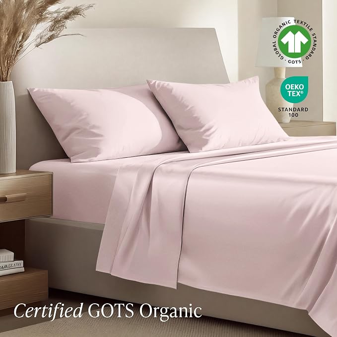 Bare Home 100% Organic Cotton Twin Sheet Set - 400 Thread Count - Smooth Sateen Weave - Breathable & Cooling - Hotel Luxury Set - Deep Pocket Bed Sheets (Twin XL, Dusty Pink)