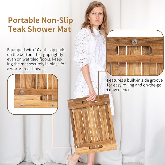 21"x14"Teak Shower Mat – Solid Non-Slip Bathtub & Shower Mat, Natural Wooden Bathroom Floor Mat, Bath Mat for Spa, Sauna Room, Pool, Indoor & Outdoor Use