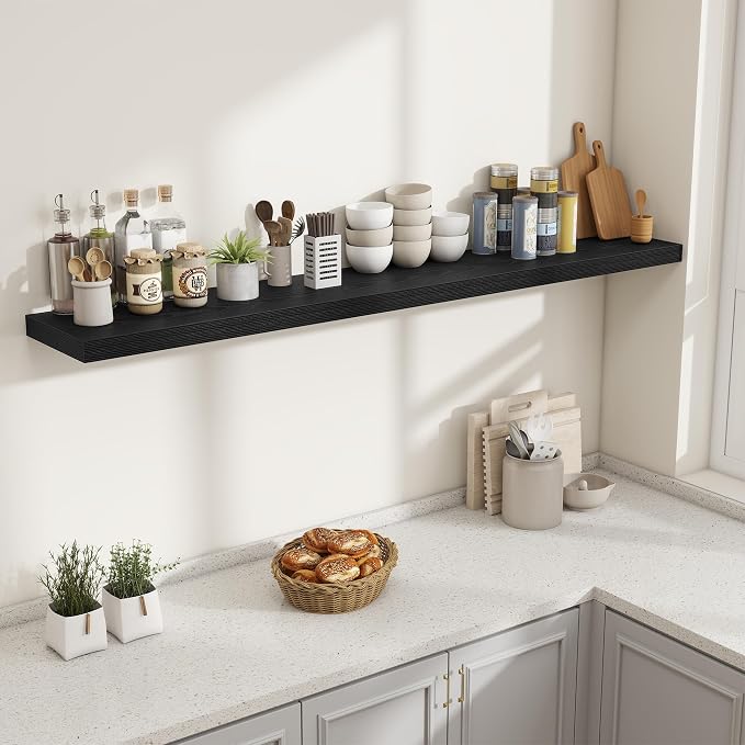 Fun Memories 72 Inch Fireplace Mantel Shelf, 10 Inch Deep Shelves for Display & Wall Storage, Rustic Wood Wall Shelf, Extra Long Floating Shelves for Living Room Laundry Room, Black, Set of 2