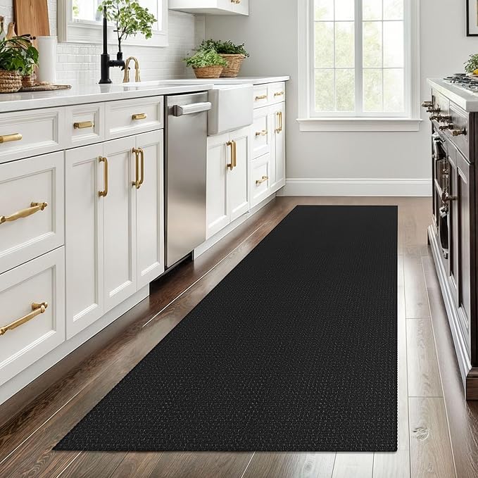 EARTHALL Woven Runner Rug 3x8 Ft Washable Runners for Hallways Wide Non Slip Rubber Backed Kitchen Runner Braided Indoor Floor Carpet for Entryway, Hallway, Kitchen, Bedroom, Black/Grey