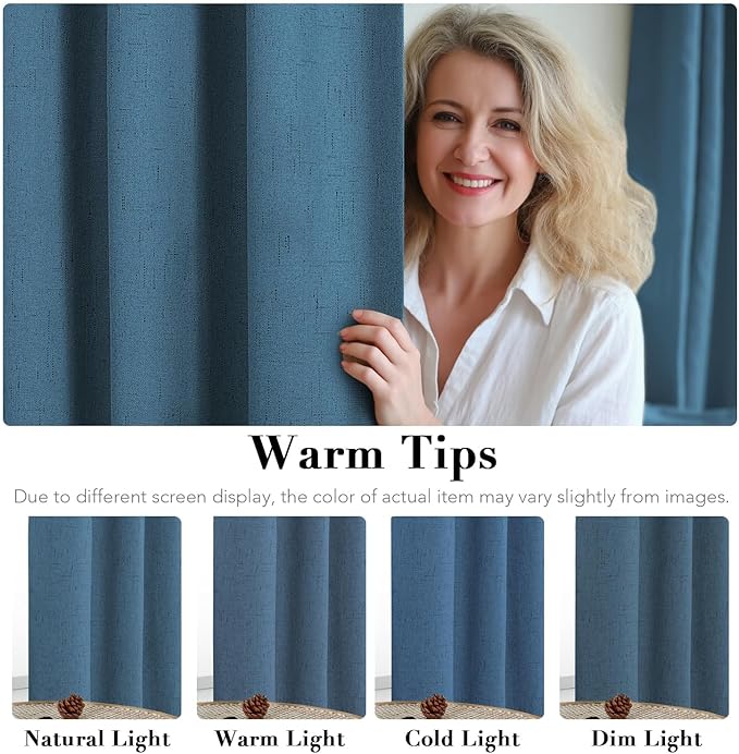 H.VERSAILTEX Linen Curtains 100% Blackout Curtains for Bedroom 102 inch Long Full Light Blocking Nature Linen Blended Window Curtains for Living Room Nickel Grommet (2 Panels, Blue Sapphire)