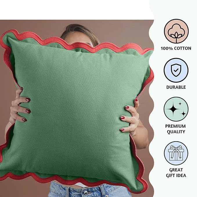Folkulture Throw Pillow Covers | (18 x 18) Set of 2 Lumbar Pillow Decorative | Green Scalloped Accent Pillows| Couch Pillow for Living Room| Throw Pillows for Couch - Mistletoe
