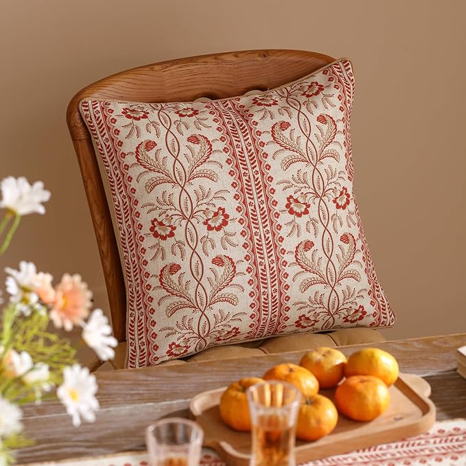 ISAENNE Design Euro Linen Square Throw Pillow Covers 18"x18" Pack of 2, French Country Cushion Covers with Orange Morris Floral Pattern Decoration Pillowcases for Bed, Living Room, Outdoor, Car