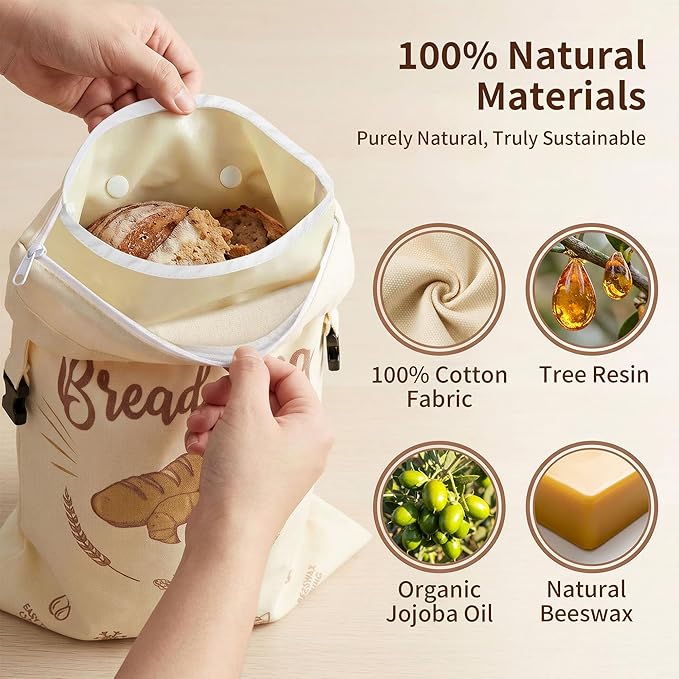2 Pack Beeswax Bread Bags for Homemade Sourdough with Detachable Liner & Handles, X-Large Reusable Food Storage Bag, Organic Cotton Wrap for Artisan Bread, Eco-Friendly & Washable