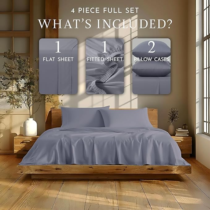 Linen Closet 4Pc 100% Organic Cotton Full Size Sheets Set, Blue, 300 Thread Count, Naturally Derived EarthColors, Deep Pocket Fitted Sheet (Up to 18"), Soft Bed Sheets Set, Juego De Sábanas Full
