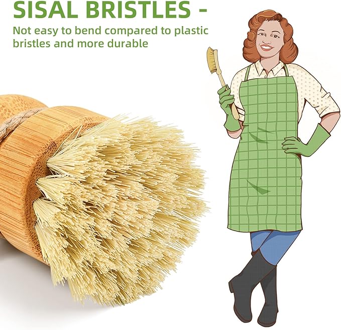 SUBEKYU Bamboo Dish Scrub Brushes, Kitchen Wooden Cleaning Scrubbers Set for Washing Cast Iron Pans/Pots, Set of 3