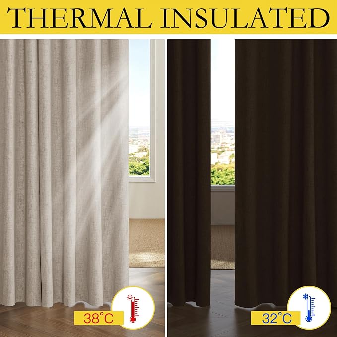 NICETOWN Natural Thick Linen Blend 100% Blackout Curtains with Grey Liners, Rod Pocket Back Tab Thermal Insulated Flax Textured Full Blackout Window Draperies for Kitchen (2 Panels, 42" W by 63" L)
