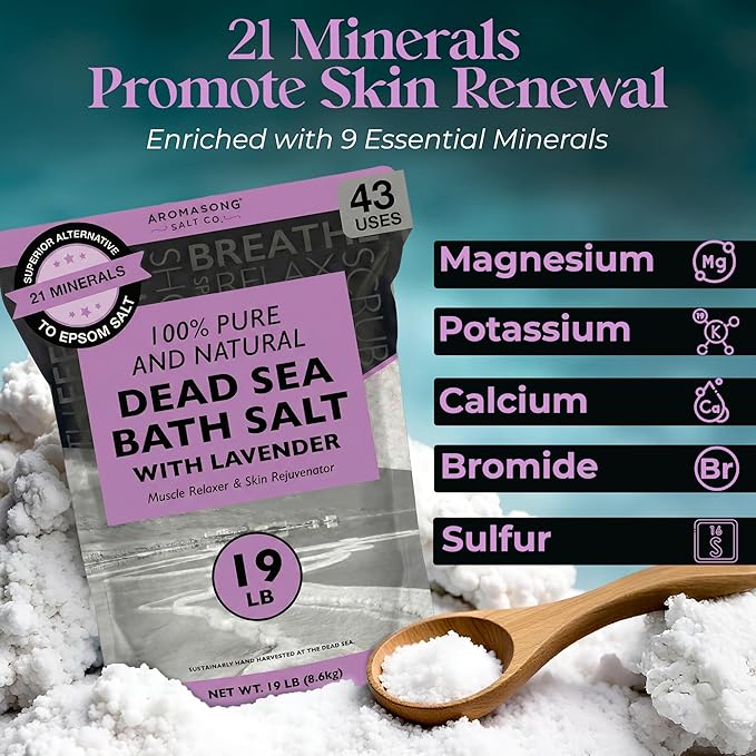 Aromasong Pure Dead Sea Salt for Soaking with 100% Natural Lavender, 19 LB - Spa Bath Salt Fine Grain - Body Wash Scrub - Soak for Women & Men- Bulk Resealable Pack