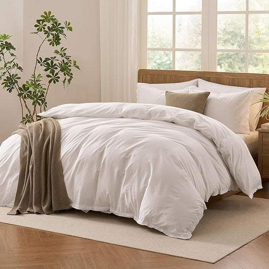 Duvet Cover Set Twin Size, 100% Washed Cotton, Light Weight Breathable Comforter Cover Linen Feel, 2PCs Breathable Bedding Set for All Season, White 68"x90"