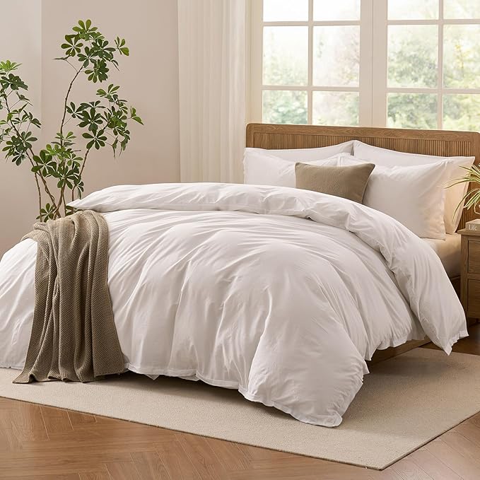 Duvet Cover Set King Size, 100% Washed Cotton, Light Weight Breathable Comforter Cover Linen Feel, 3PCs Breathable Bedding Set for All Season, White 104"x90"