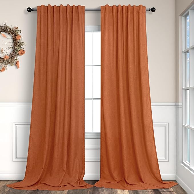 Burnt Orange Curtains 96 Inches Long for Living Room 2 Panels Back Tab Pocket Draperies Semi Sheer Linen Boho Fall Curtain for Bedroom Rustic Cottage Decor Terracotta Colored Tangerine Pumpkin 52x96