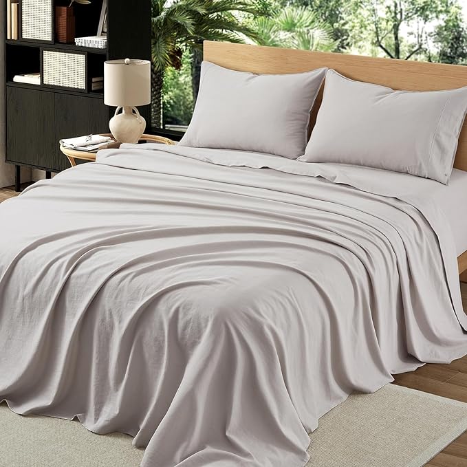 4Pcs Organic Linen Sheets Queen Size, 100% French Linen from Normandy, Breathable Natural Linen Queen Sheet Set with 16 Inch Deep Pocket, 1 Flat Sheet, 1 Fitted Sheet, 2 Pillowcases