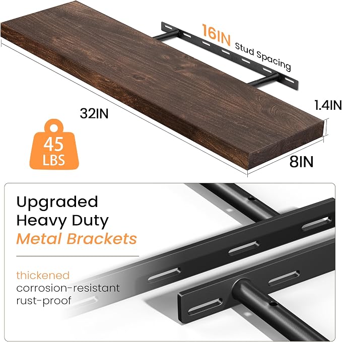 Fun Memories Floating Shelves for Wall Set of 2, Rustic Solid Elm Wood Wall Shelves 32 Inch - Invisible Bracket Mount for Living Room, Bathroom, Bedroom, Kitchen, Walnut