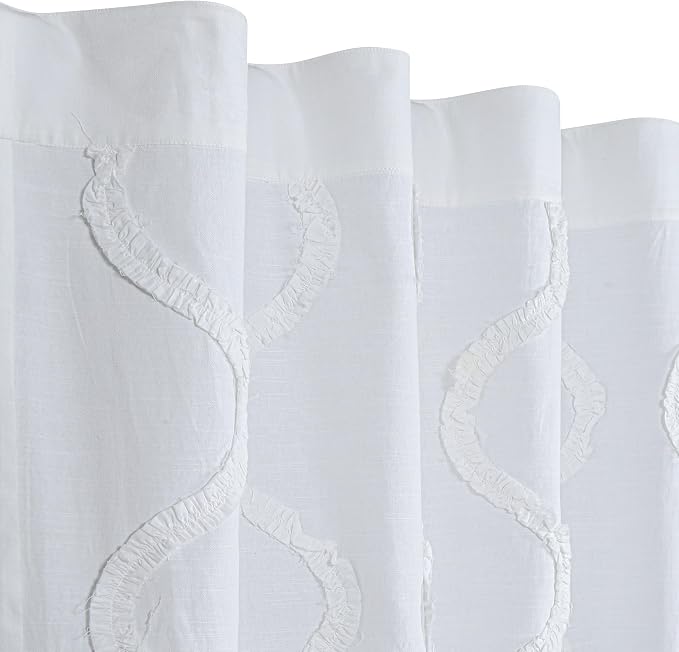 Bedding Craft White Farmhouse Tab Top Curtains 96 Inch Long – Set of 2 Cotton Semi Sheer Light Filtering Drapes with Frill Trim, Rustic Boho Window Curtains for Living Room Bedroom
