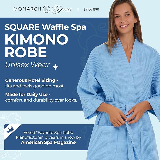 MONARCH Unisex Square Waffle Spa Kimono Robe – Soft Lightweight Fabric & Generously Sized Hotel & Spa Robe with Pockets
