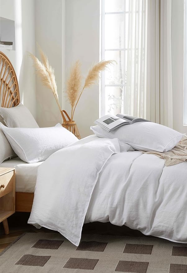 100% French Flax Linen Duvet Cover Set, King Size 104''x90'' 3 Pcs with 8 Corner Ties and Button Closure, Soft and Breathable for All Season(White, King)