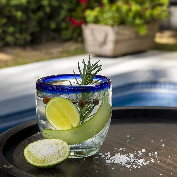 9 oz Hand Blown Mexican Drinking Glasses - Set of 6, 9 fl oz each, Cobalt-Blue Rim