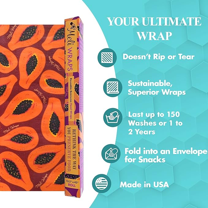 Meli Wraps - Reusable Beeswax Wrap Roll, Zero Waste Beeswax Wraps for Covering Food, Kitchen Roll for Food Storage, 13.5 x 42, Purple Papaya