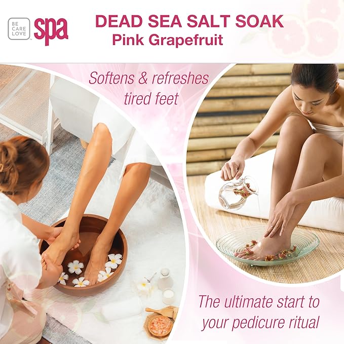 Be Care Love (BCL) Spa Energizing Pink Grapefruit Dead Sea Salt Soak – Professional Uplifting Foot Soak for Pedicure & Manicure, Softens Skin, Relaxing Spa Self Care for Women, Made in USA, 16 oz