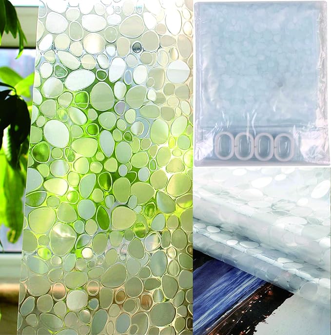 SUJAYU EVA Shower Curtain Liner with 12 Plastic Hooks, 72x72 Inch for Shower Stall & Bathtubs, 3D Pebble Bathroom Curtains, Odorless & Non Toxic, Semi-Transparent