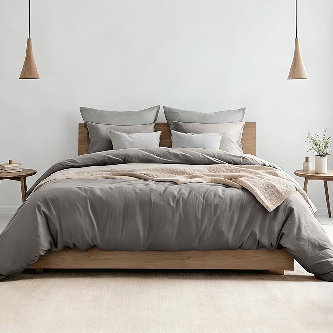 FALUCA French Linen Blend Duvet Cover Set 3Pcs Queen (88"x92") - Soft, Breathable, Cooling Farmhouse Bedding for Hot Sleeper (Queen, Light Grey)