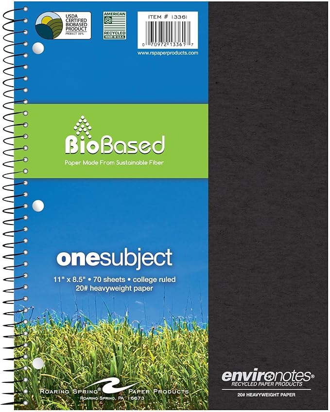 ROARING SPRING Environotes Recycled One Subject Spiral Notebook, Heavyweight College Ruled BioBased Paper, 11" x 8.5" 70 Sheets, Assorted Earthtone Covers