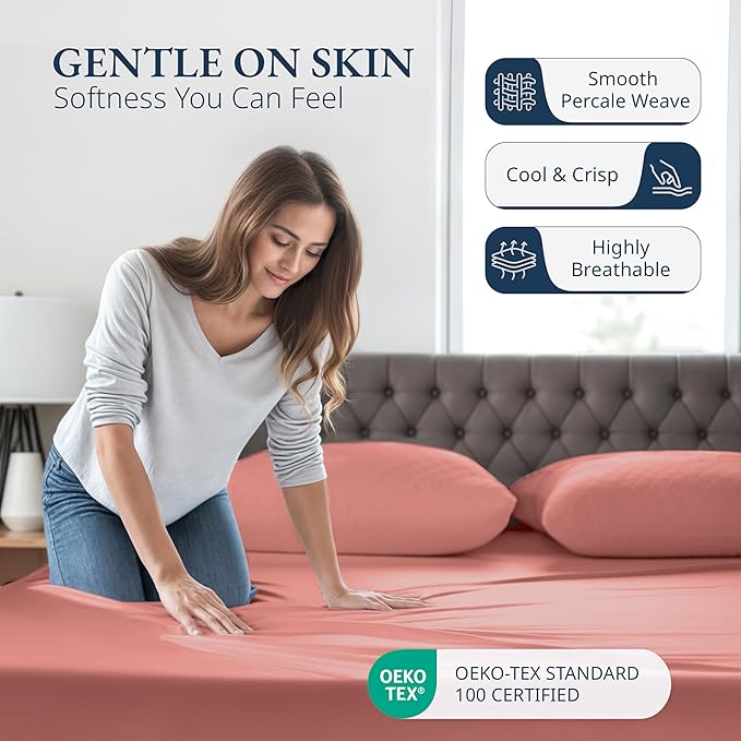 LANE LINEN Twin XL Fitted Sheet, 100% Organic Cotton 2-Piece Set (1 Fitted Sheet, 1 Pillowcase), Percale Weave, Soft, Breathable, Fits Mattress Upto 15" Deep - Rose Dawn (No Flat Sheet)