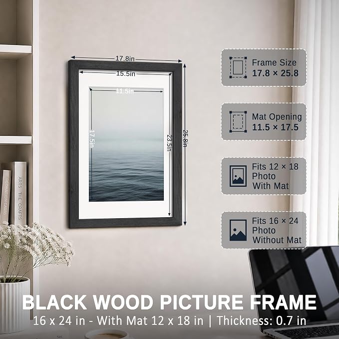 VCK 16x24 Picture Frame Black 3 Pack, Wide Border Solid Wood, Display 12x18 Photo with Mat or 16 x 24 without, for Home, Office, Gallery, Woodgrain Series, Wall Hanging