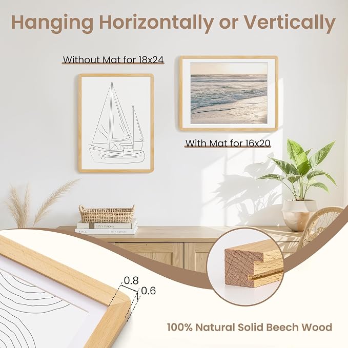 Fun Memories 18x24 Poster Frame - Solid Beech Wood Frame, 18x24 Picture Frame with Mat for 16x20, Wood Frame with Tempered Glass, 24x18 Large Poster Frame for Gallery Wall Display, Natural Beech