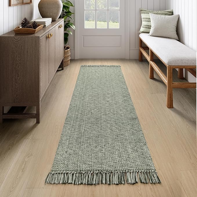 Collive Long Hallway Runner Rug 2.6' x 7', Washable Runner Indoor Entryway Rug, Olive Green/Cream Braided Woven Kitchen Runner Rugs Low-Profile Front Door Floor Carpet for Bedroom Doorway