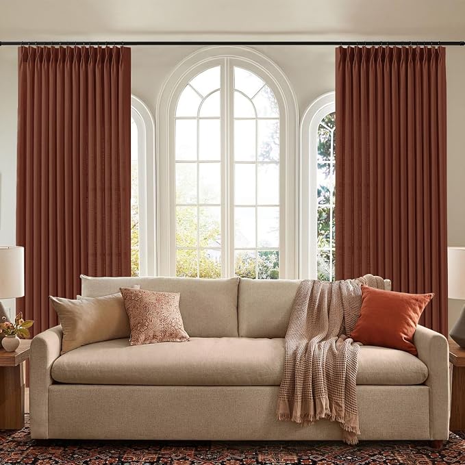 IVAPUPU Pinch Pleated Linen Curtains 96 Inches Long for Living Room, Semi Sheer Light Filtering Memory Trained Pleated Curtain Back Tab Drapes for Farmhouse with Hooks Rings, Chestnut Brown, 2 Panels