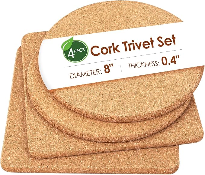 Cork Trivet Set - High Density Thick Cork Trivets for Hot Dishes, 8 Inch Heat Resistant Coaster, Placemats for Pots and Pans, 2 Round & 2 Square