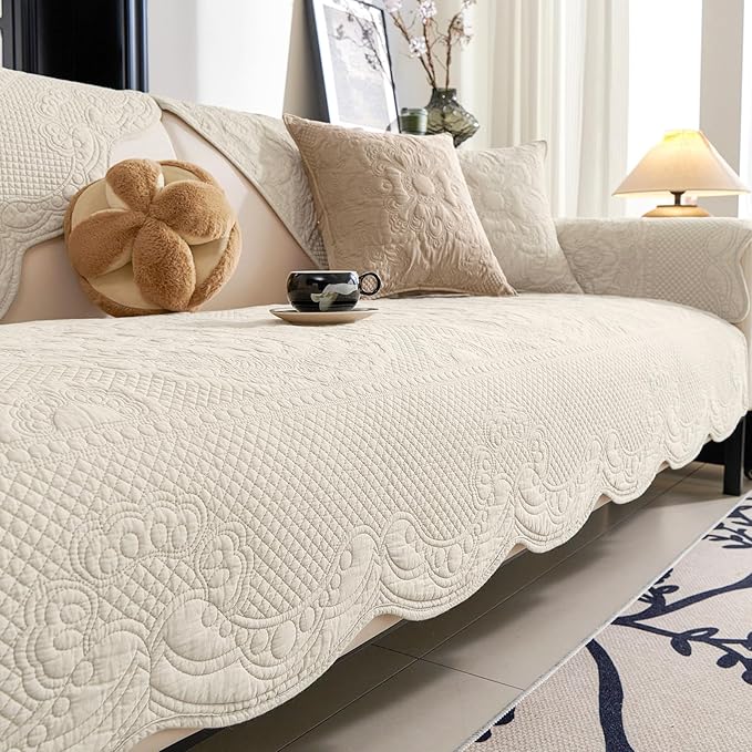 vctops Boho Cotton Quilted Couch Cover Soft Embroidered Sofa Cover Non-Slip Dog Bed Cover Scalloped Sofa Slipcover Washable Furniture Protector Cover (Cream,43"x43")