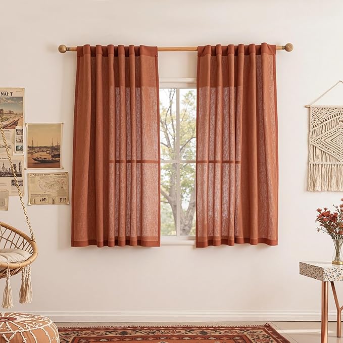 MYSKY HOME Sheer Linen Curtains 63 Inch Length for Bedroom, Light Filtering Privacy Drapes, Short Curtains for Small Window Back Tab Soft Touch Style Texture for Closet/Kitchen, Terracotta, 50"x63"