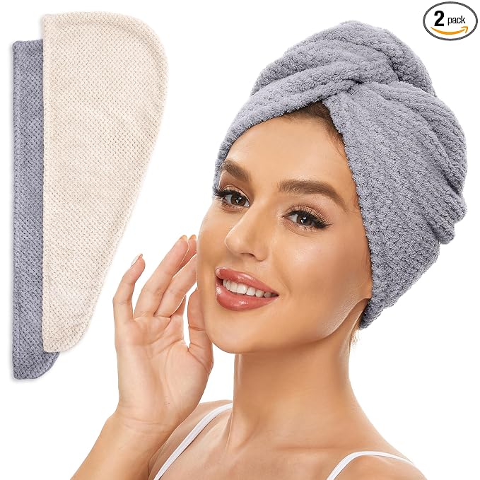 SimpleField 2 Pack Microfiber Hair Towel Wrap for Women, Anti Frizz Quick Drying Hair Turban for All Hair Style, Absorbent and Lightweight (Beige + Grey)