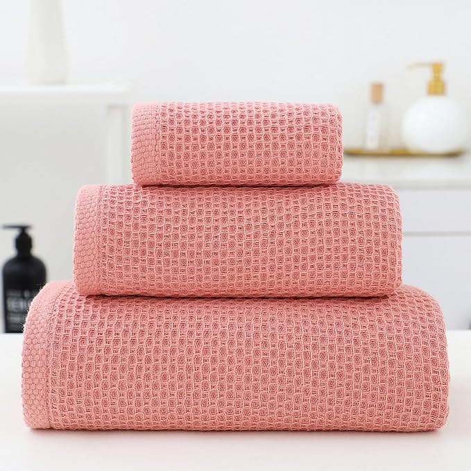 SK Studio 6 Piece Bath Towels Set, Cotton Hotel Large Waffle Bath Towels Absorbent Quick Dry with 2 Bath Towels, 2 Hand Towels, 2 Washcloths for Bathroom Spa, Dark Pink