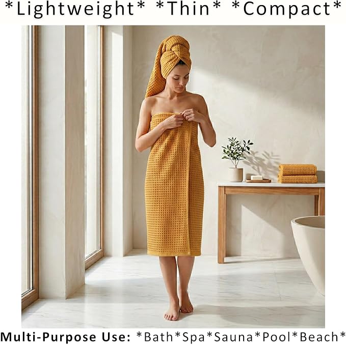 PÜSKÜL 4-Piece Natural 100% Turkish Cotton Luxury Waffle Towels for Bathroom | Premium Honeycomb Weave 2 Hand Towel & 2 Bath Towel Set | Soft Absorbent Quick-Dry Lightweight Towels (Mustrad Yellow)